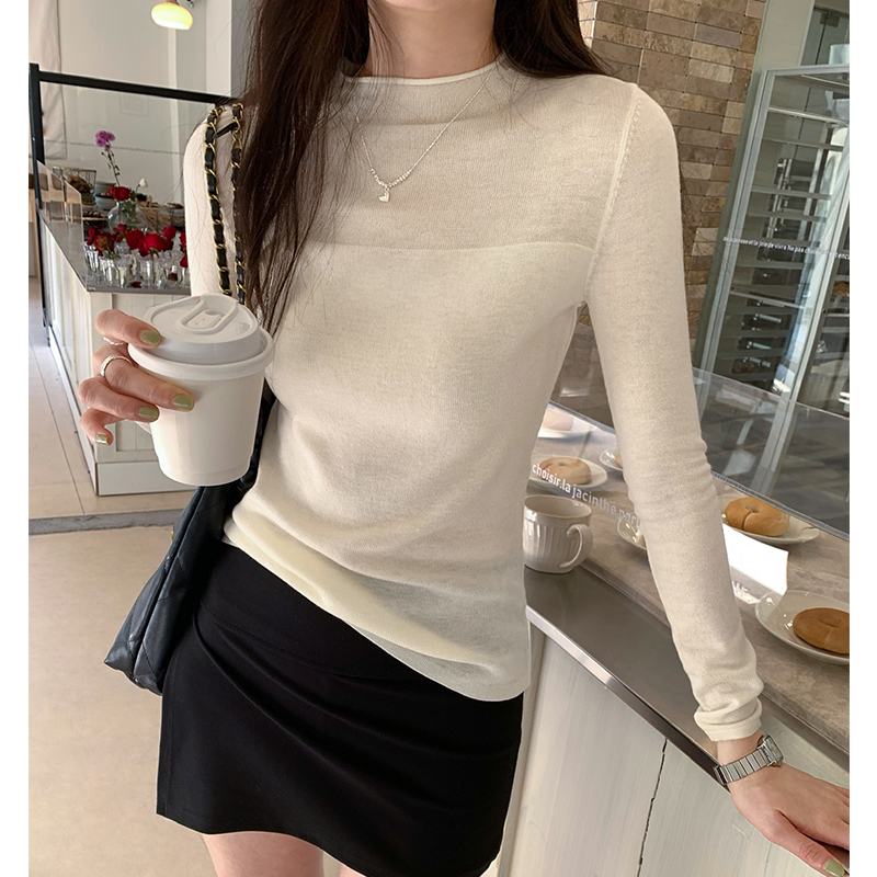 實拍圖簡約ins風日系卷邊長袖T恤女2024春秋新款薄款打底針織上衣