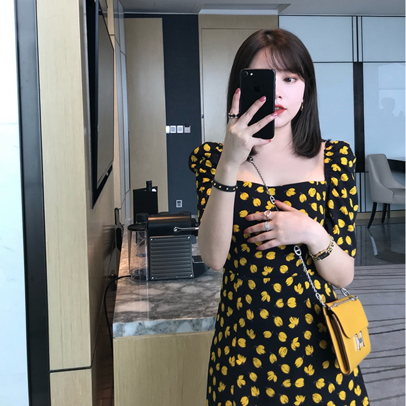 顯瘦女生穿撘波點方領開叉裙子夏天小清新連衣裙2024夏季新款女裝