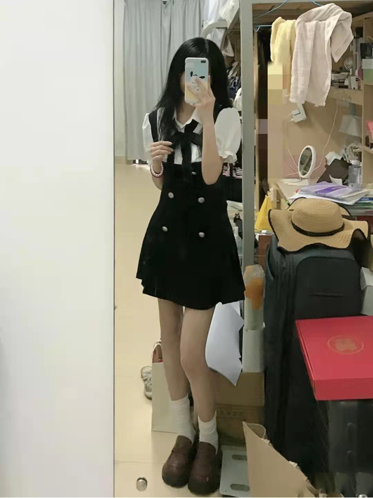御姐高級感法式赫本學院風辣妹假兩件背帶連衣裙子JK制服套裝女夏