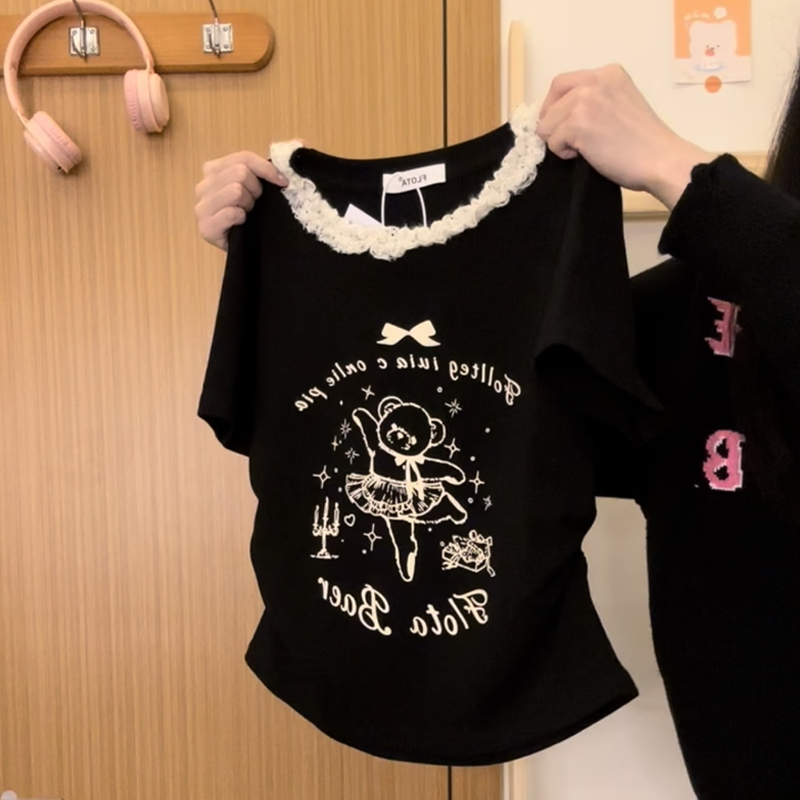 奶油的宇宙 芭蕾小熊蕾絲正肩短款短袖T恤女修身ins上衣夏季新款
