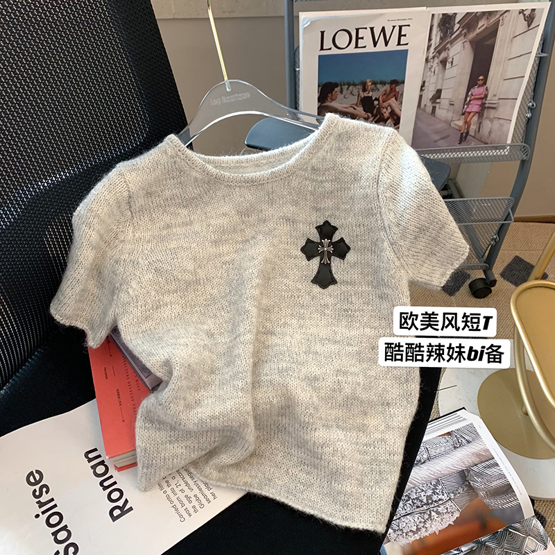灰色十字架短袖針織衫女2024早春季新款設計感小眾ins潮辣妹上衣