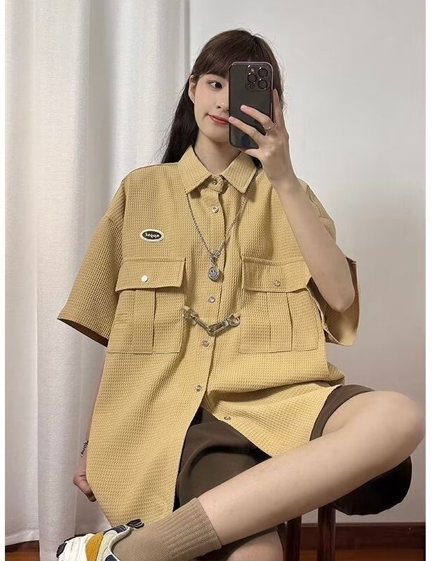潮牌復古華夫格嘻哈短袖襯衫女夏季街頭美式學院風百搭襯衣