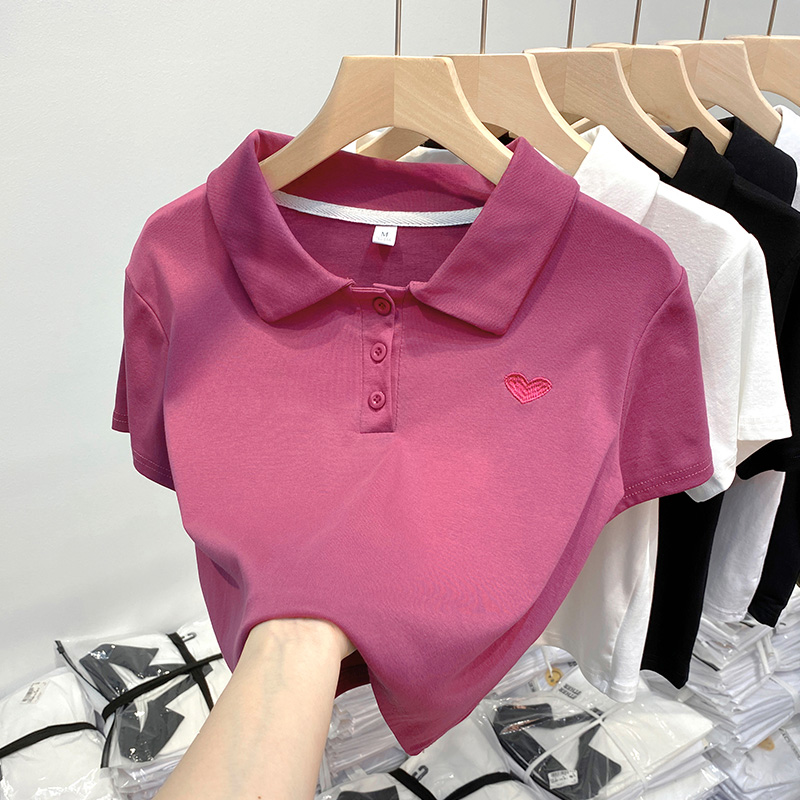 刺繡愛心短袖t恤女春夏新款短款體恤小衫設計感小心機polo領上衣