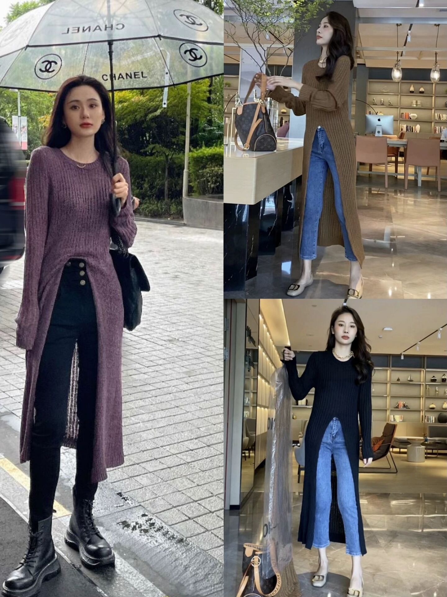 氣質慵懶風開叉鏤空針織衫女秋設計感小眾寬鬆顯瘦毛衣上衣中長款