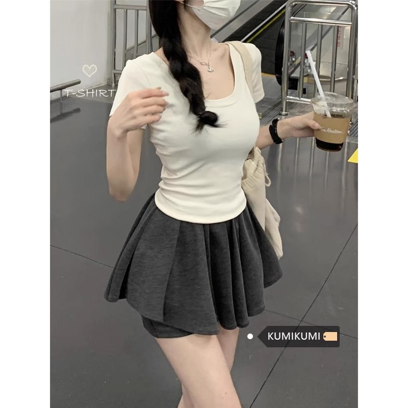 實拍 - 40支純棉 2024夏裝大圓領高腰短款純色T恤女短袖