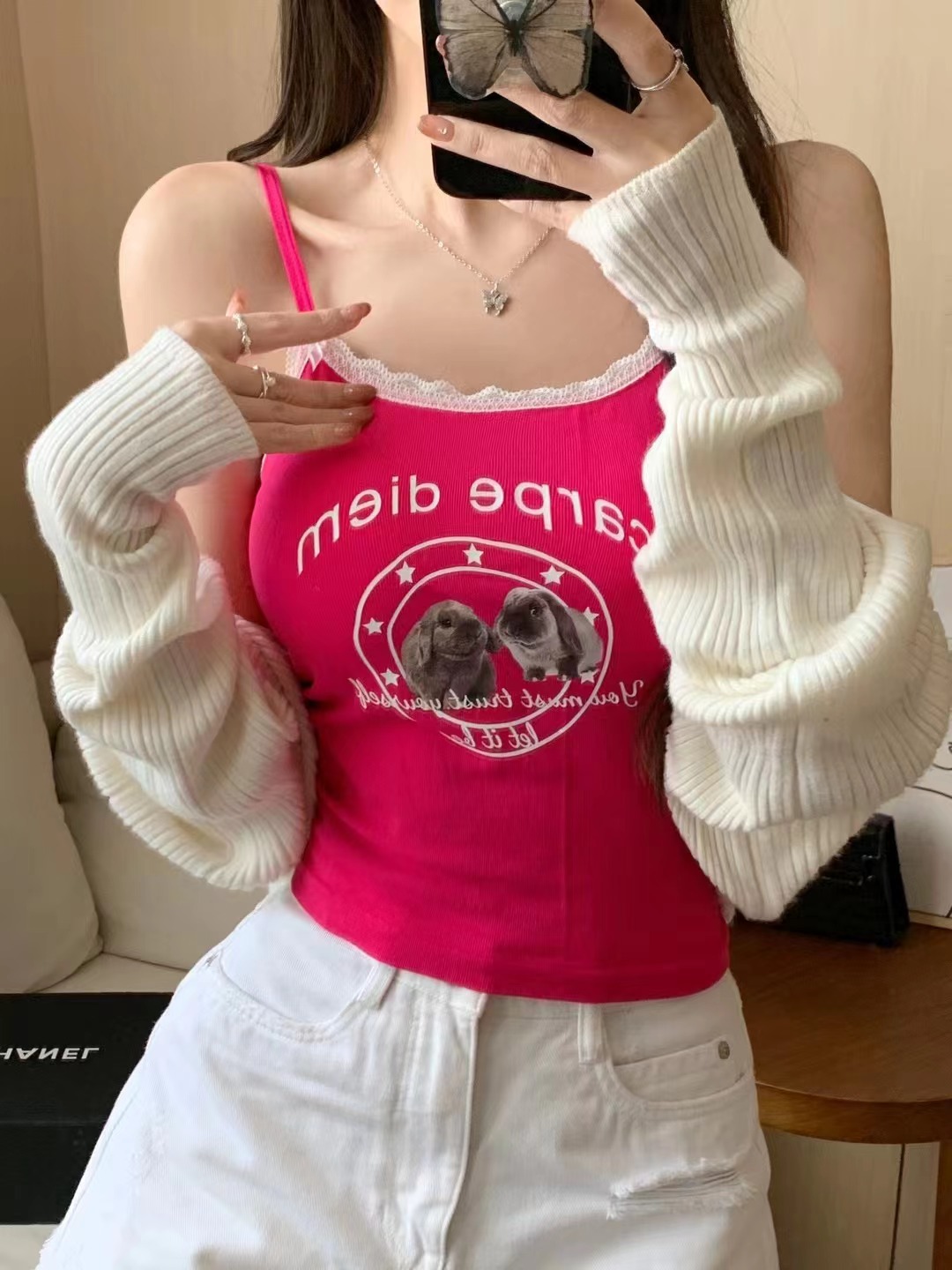 春夏甜辣卡通印花蕾絲花邊吊帶背心女帶胸墊內搭上衣
