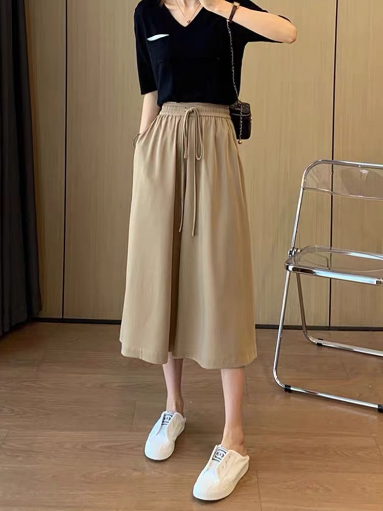 高腰垂感寬鬆闊腿褲女夏薄款胖mm梨形身材褲裙大碼顯瘦休閒七分褲