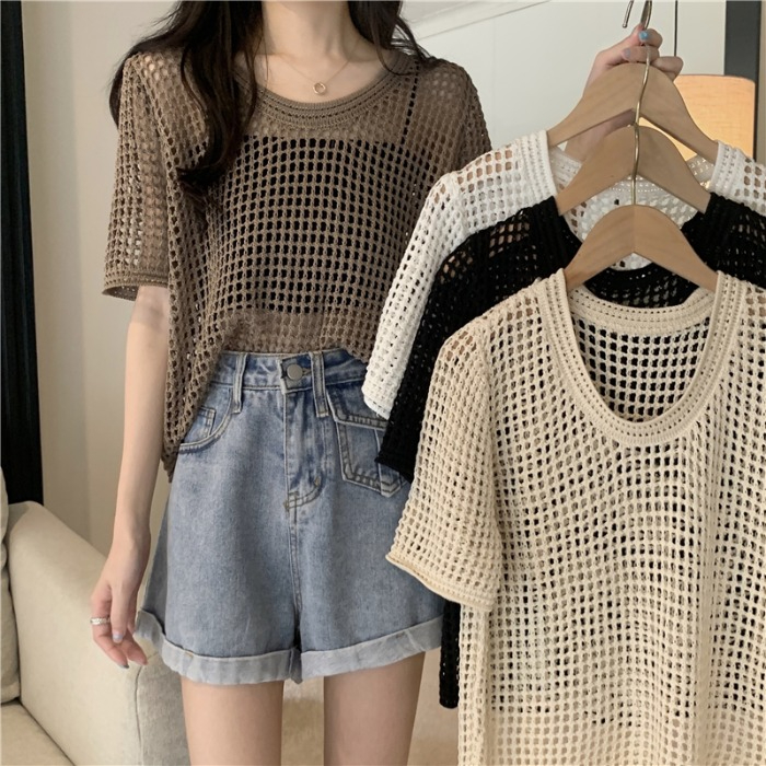 Designed hollow short-sleeved sweater for women summer new style layered sun protection blouse versatile short top trendy