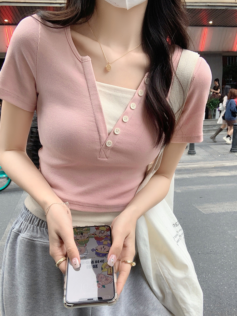 純棉 設計感小眾夏季新款短袖T恤女辣妹粉色假兩件V領修身上衣潮