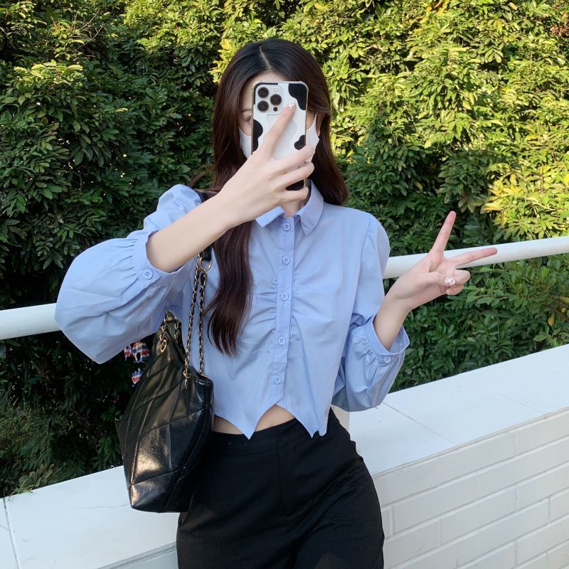 短款襯衣女白色襯衫女春秋新款韓版設計感褶皺學院風減齡純欲上衣