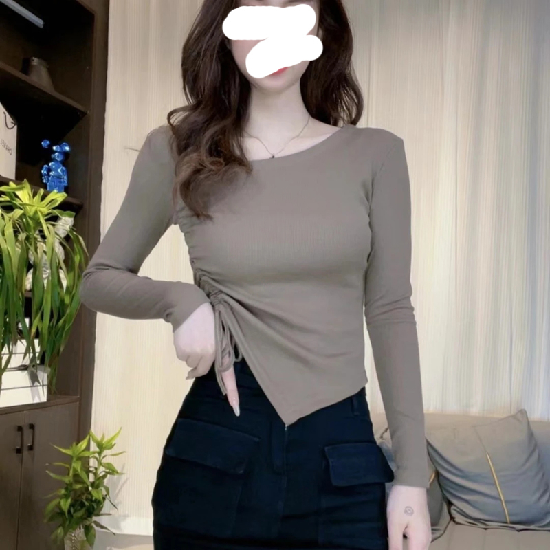 法式收腰別致打底衫女設計感短款抽褶小衫秋季純欲減齡修身上衣