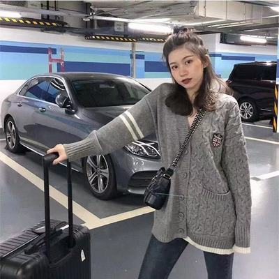 2024秋冬新款v領寬鬆網紅學院風毛衣外套女慵懶百搭中長款針織衫
