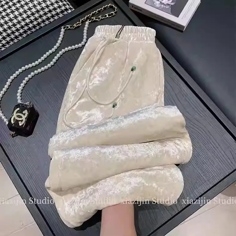 新中式國風絲絨闊腿褲女2024春季新款寬鬆高腰直筒顯瘦閒褲長褲子