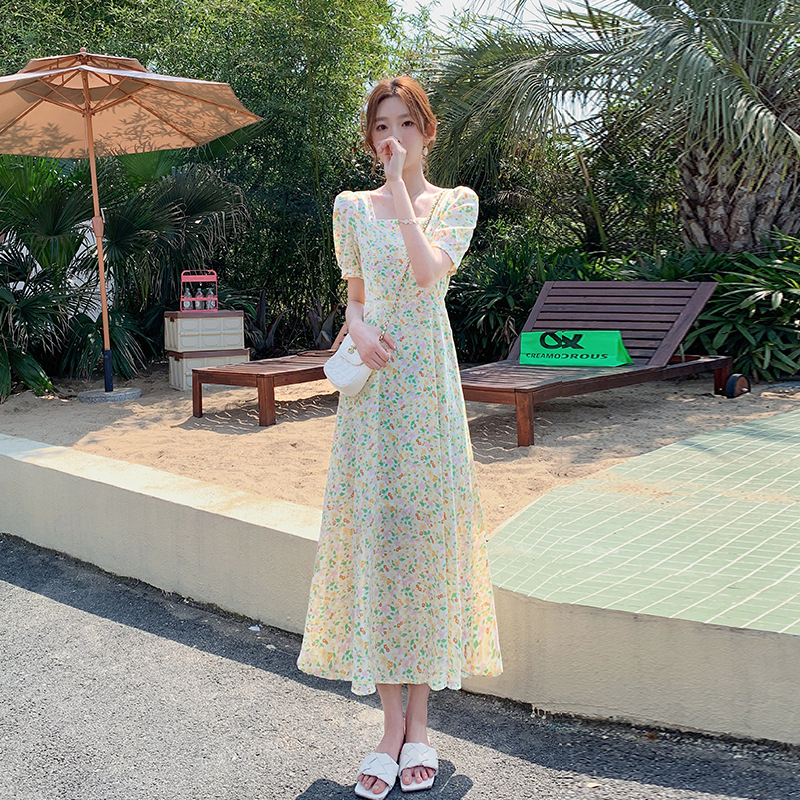 French retro floral dress for women 2024 new summer Korean style small waist slimming chiffon skirt