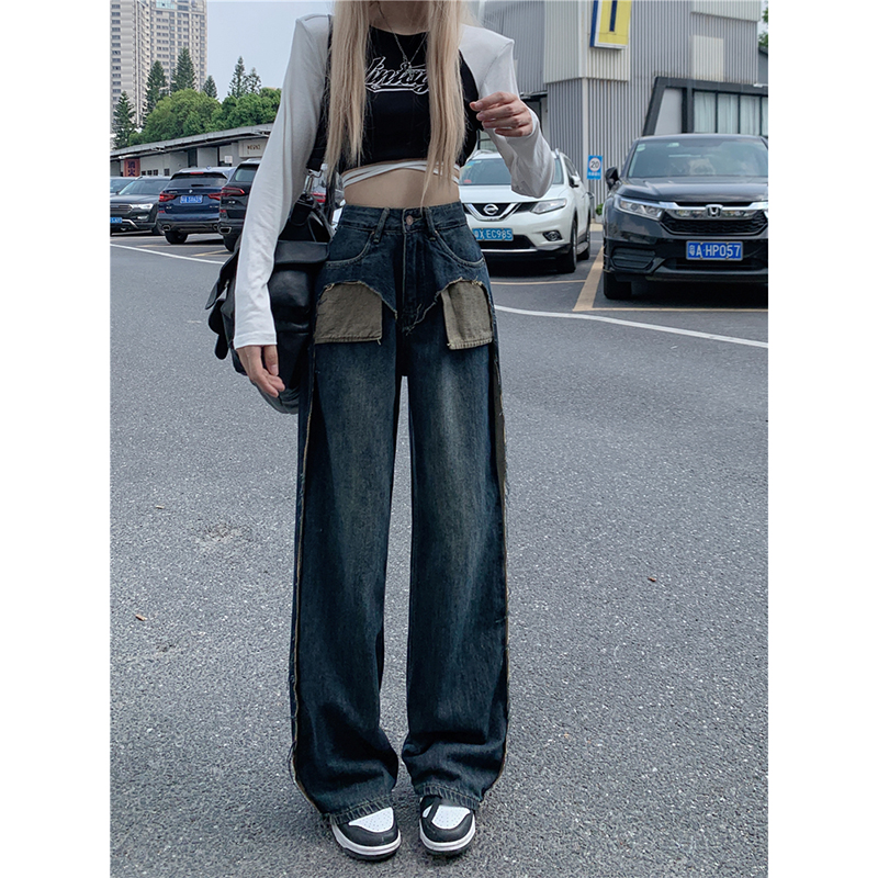 2024夏季新款韓版梨型身材假兩件牛仔褲女高腰寬鬆辣妹直筒闊腿褲