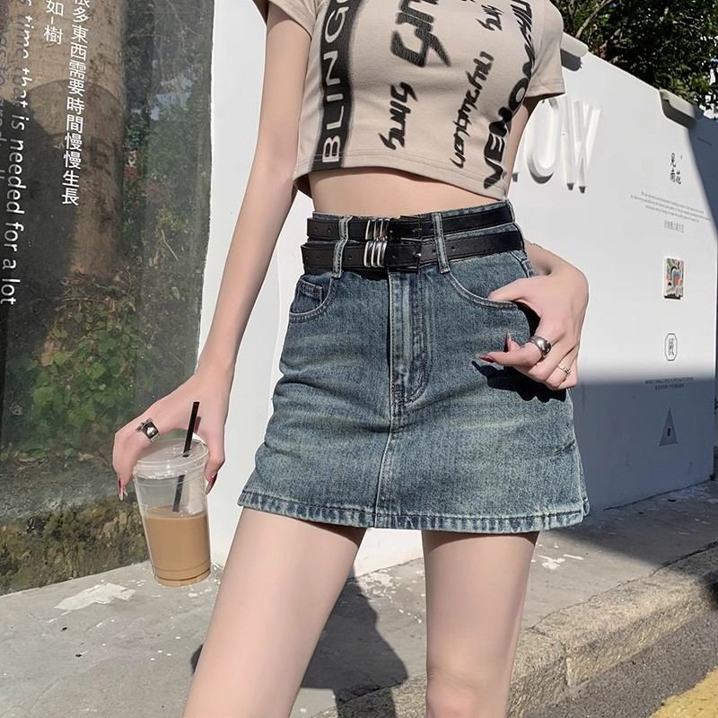 復古開叉牛仔半身裙女夏季新款高腰遮胯顯瘦防走光a字包臀短裙子