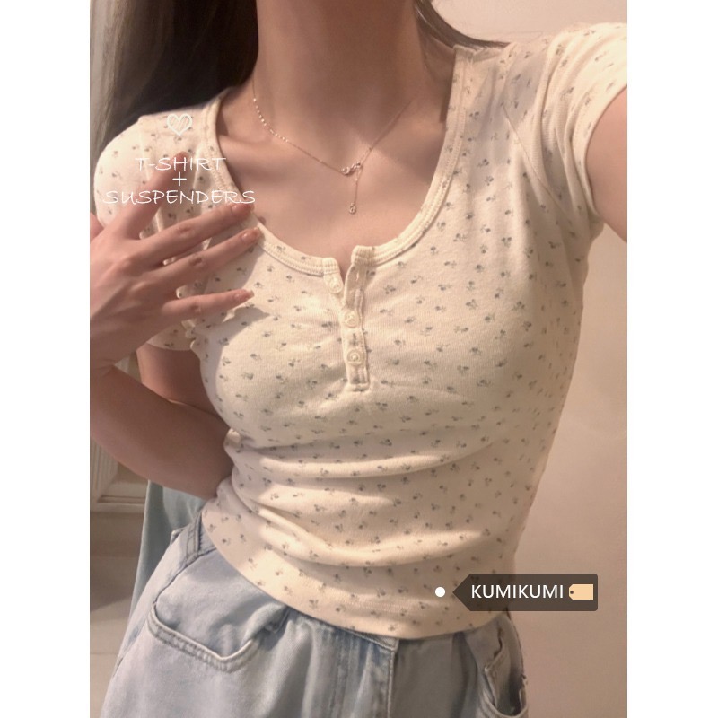 純欲風碎花內搭短袖T恤女裝夏季小眾設計感打底修身顯瘦短款上衣
