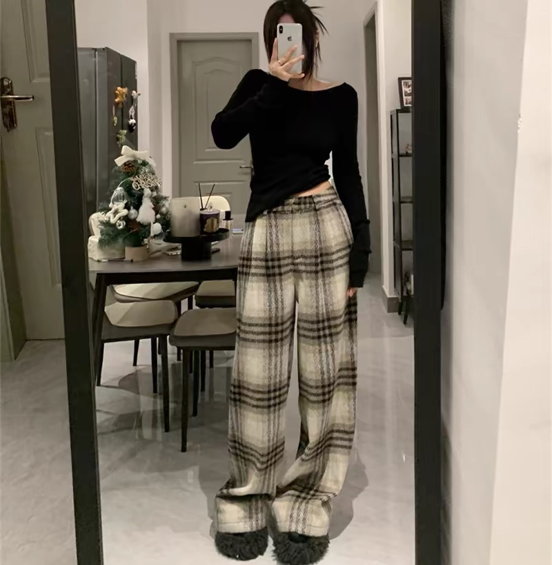 羊毛加厚毛呢格子褲女秋冬季闊腿寬鬆休閒慵懶直筒褲子