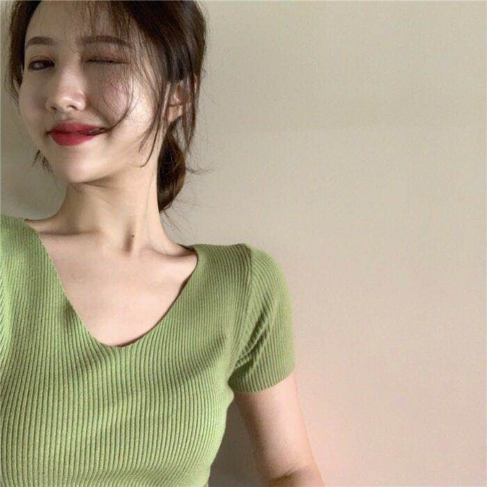 夏裝韓版chic修身顯瘦V領打底衫復古短袖t恤百搭針織衫上衣女線衣