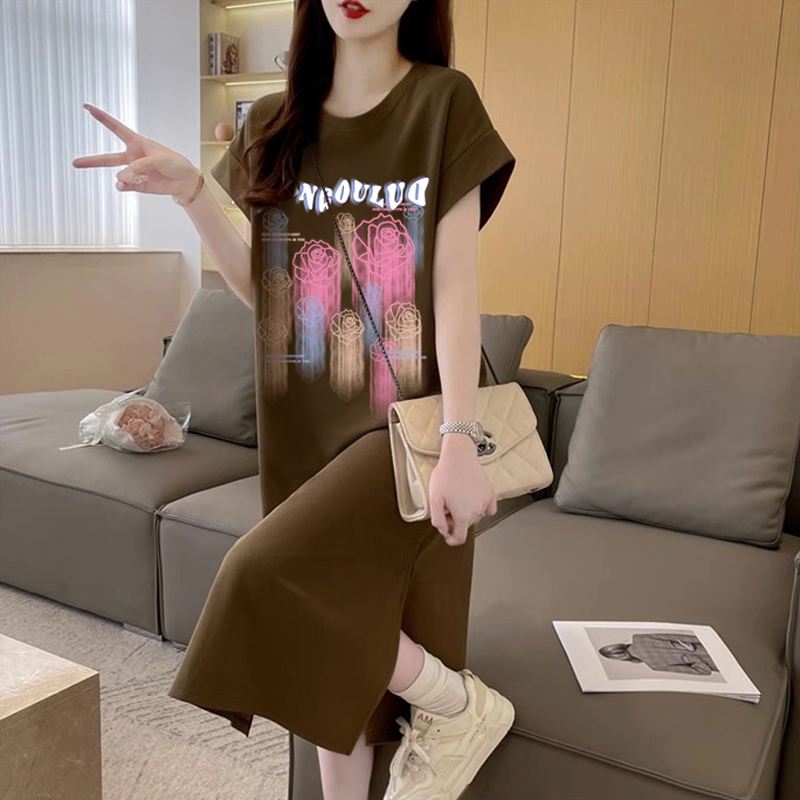 首發純棉質量 長款過膝短袖T恤裙女夏季寬鬆大碼裙子