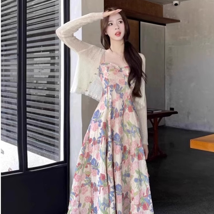 單裙 2024夏季新款茶歇法式絕美碎花吊帶連衣裙女
