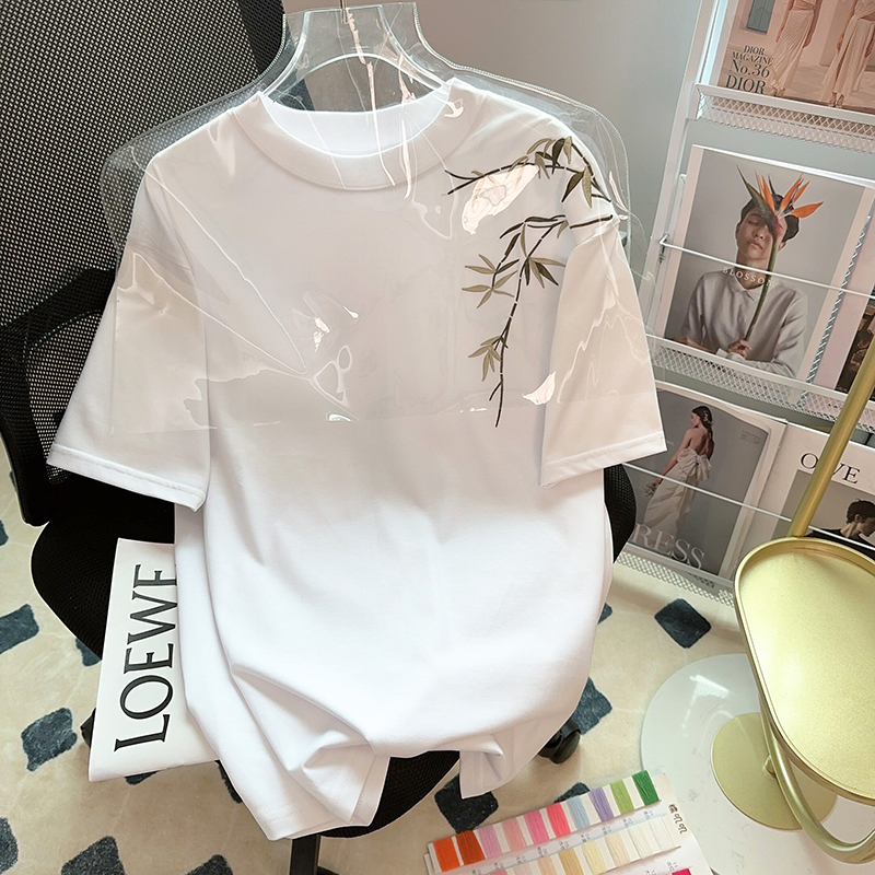 實拍 短袖t恤女夏刺繡寬鬆中長圓領上衣大碼女裝