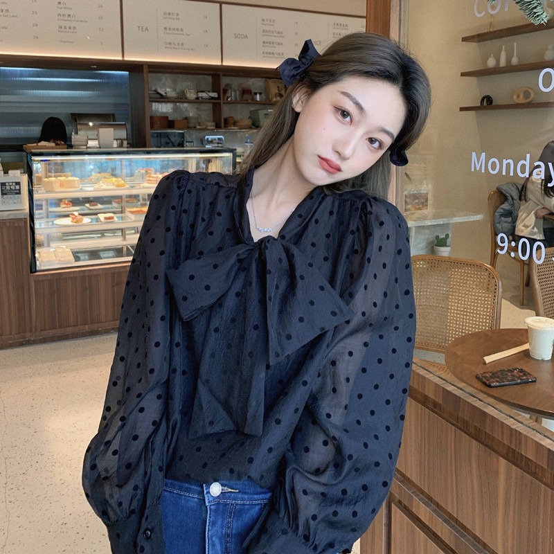 長袖波點襯衫女裝設計感小眾春秋季絕美新款法式蝴蝶結別致上衣服