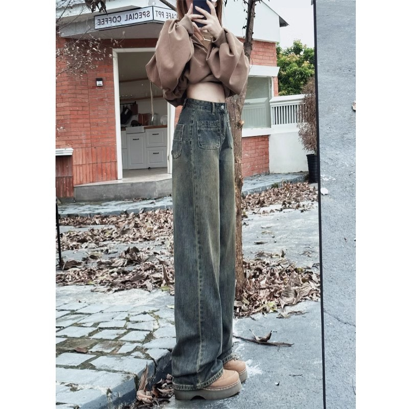 水泥灰百搭闊腿牛仔褲女春夏新款設計感小眾顯瘦高腰直筒拖地褲子