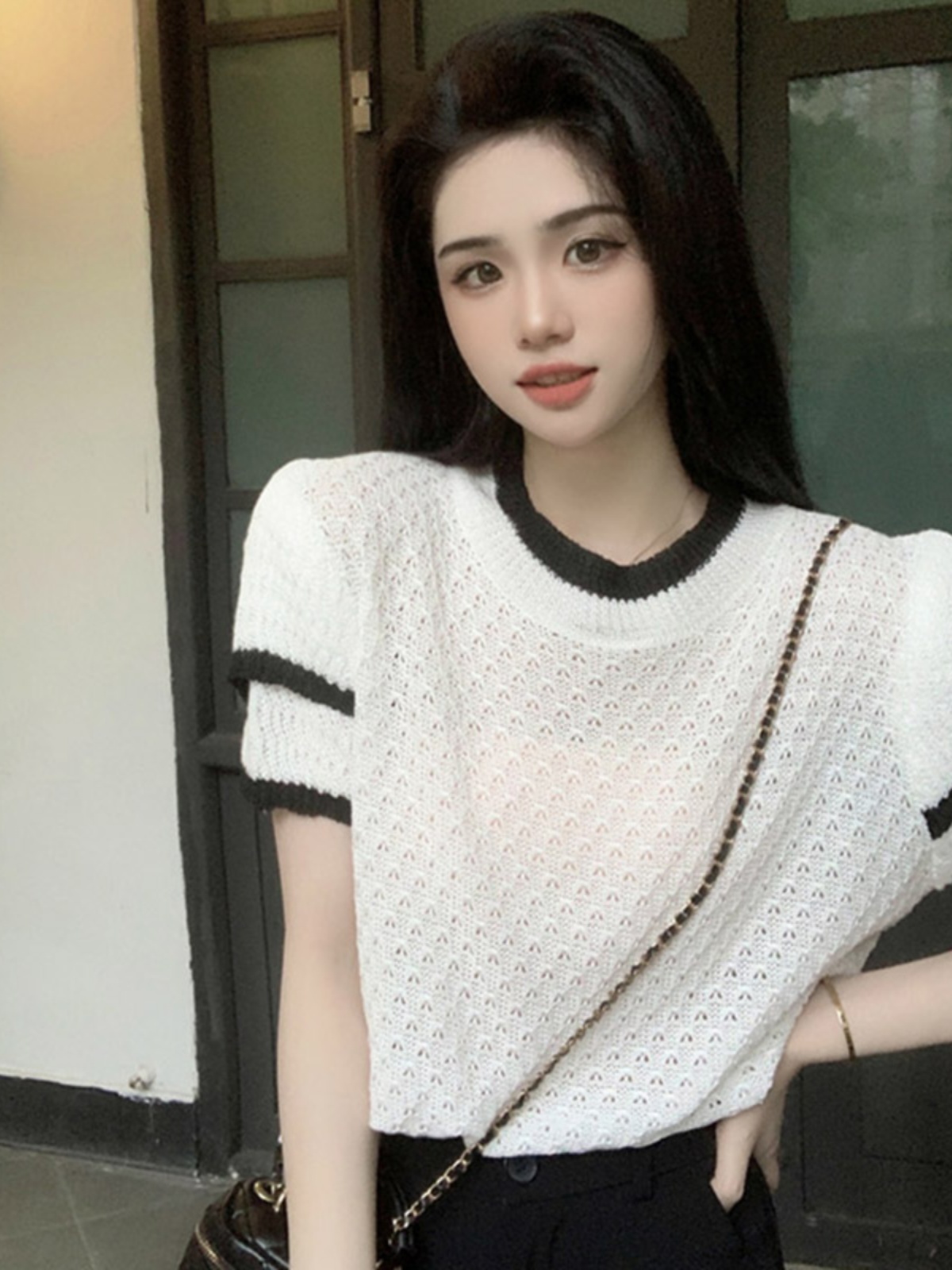 2024年夏季新款薄款小香風茶里茶氣別致顯瘦短袖冰絲針織衫上衣女