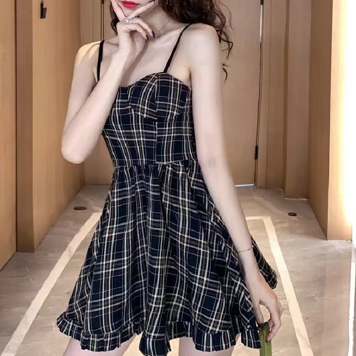 直供尼面料法式度假風格紋吊帶蓬蓬裙純欲風小個子溫柔連衣裙