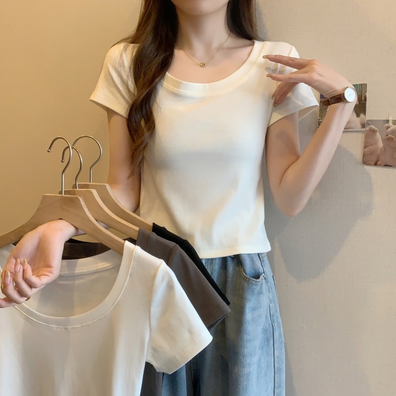實拍  40支純棉 2024夏裝大圓領高腰短款純色T恤女短袖