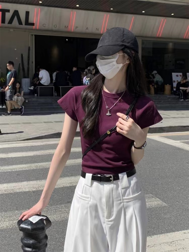 40支精棉210克官方韓版修身短款t恤女夏季氣質顯瘦上衣