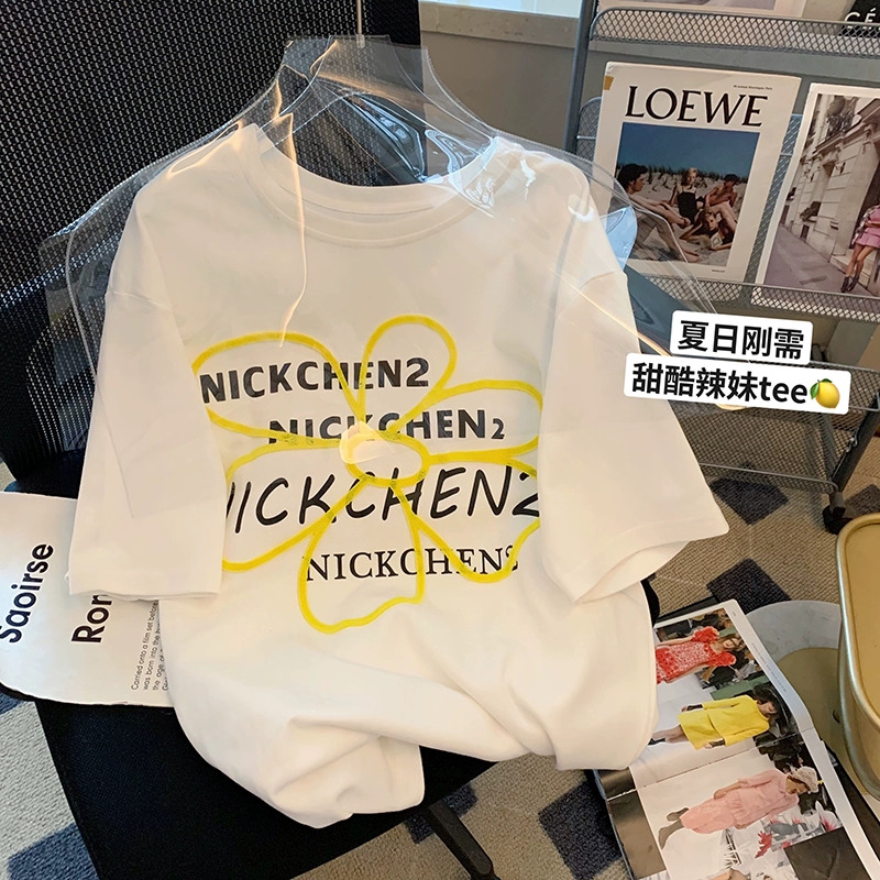 2024新款韓版純棉體恤上衣中長款寬鬆時尚大碼短袖t恤女ins