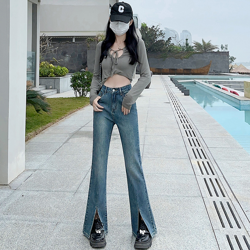 實拍2024春夏開叉牛仔褲女高腰寬鬆顯瘦小個子微喇叭女褲