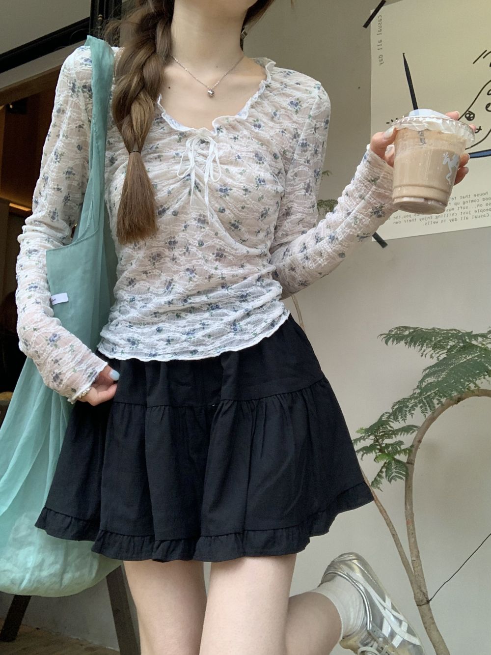 實拍 甜美小碎花系帶花邊領長袖疊穿上衣+褶皺A字半身裙褲女