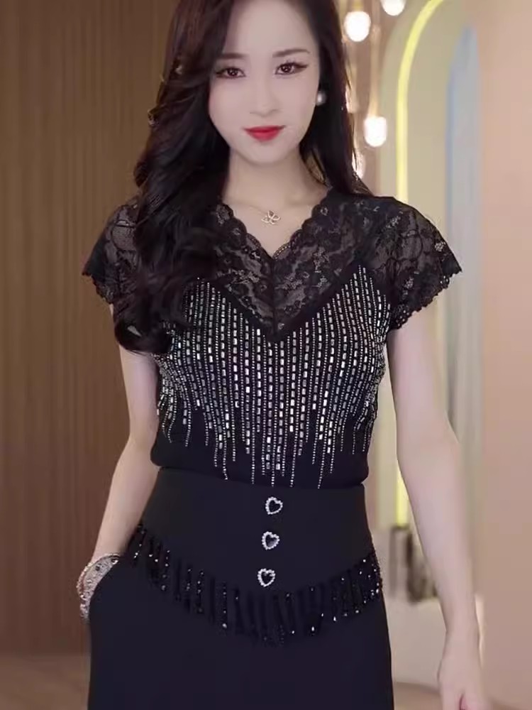 歐貨性感蕾絲黑色冰絲針織燙鑽小吊帶背心女內搭外穿短袖上衣小衫