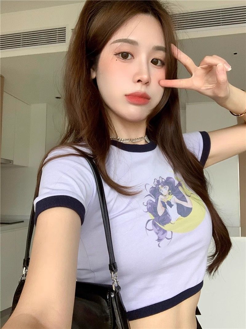 實拍 甜美少女可愛風拼色卡通T恤修身短款顯胸上衣