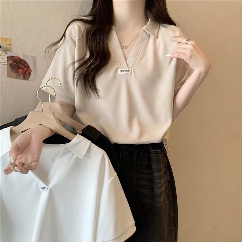 實拍POLO領短袖T恤女短款V領上衣