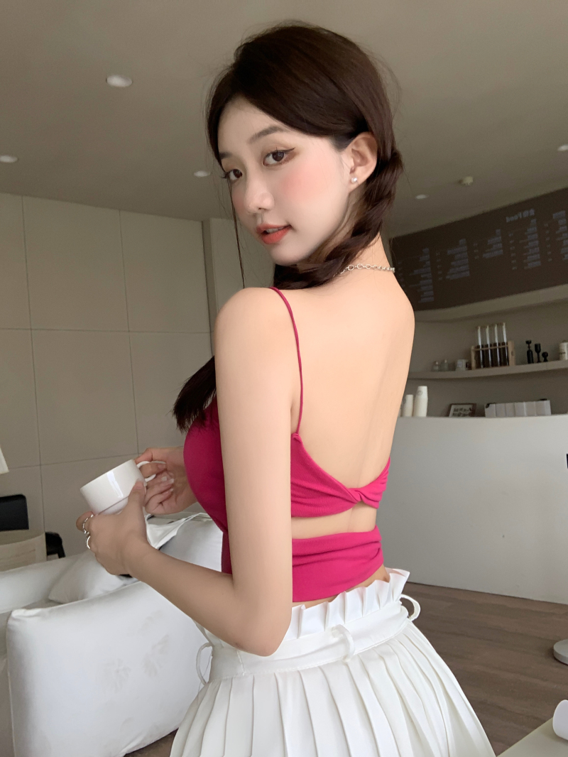 實拍~春夏新款百搭甜辣玫紅扭結美背帶胸墊吊帶露背上衣