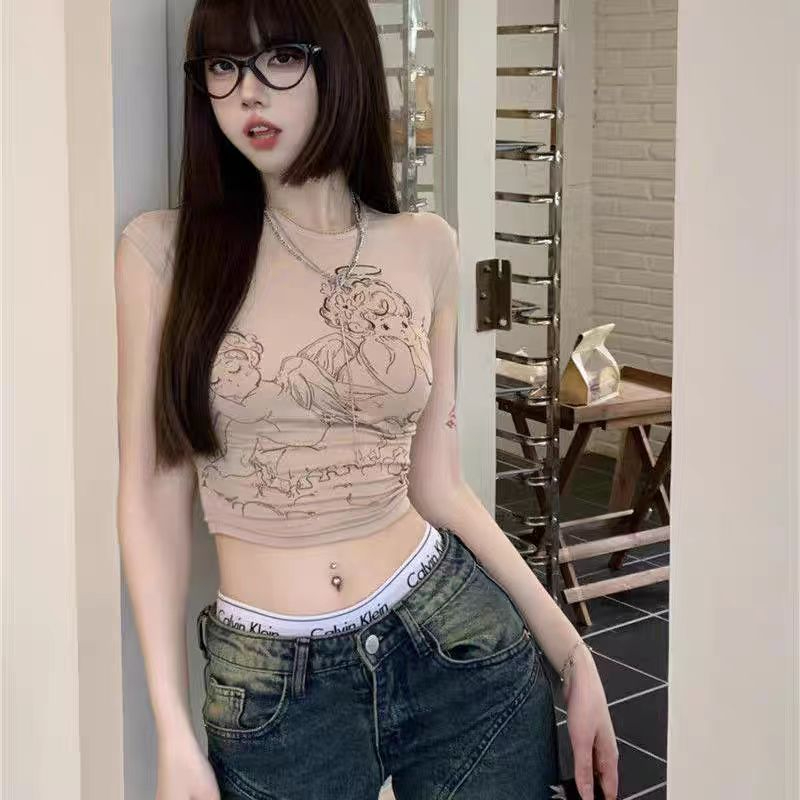 260隨心裁小眾印花純欲風辣妹性感顯瘦短袖短款上衣