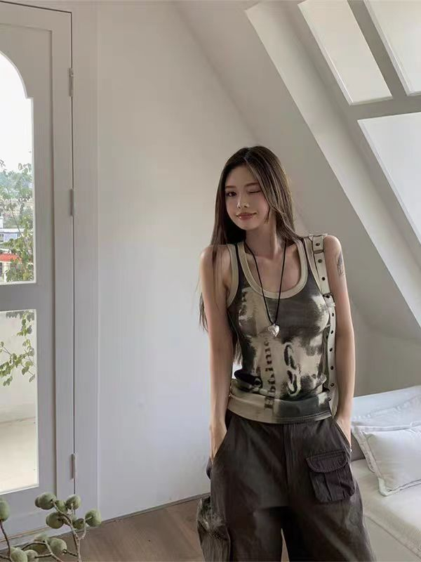 260隨心裁美式復古U領背心吊帶小眾印花無袖上衣潮