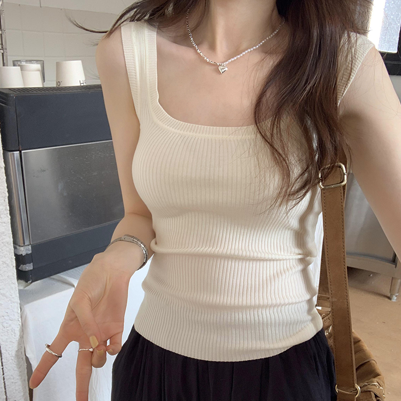 實拍圖寬肩帶吊帶背心外穿女2024春夏季新款修身顯瘦無袖針織上衣