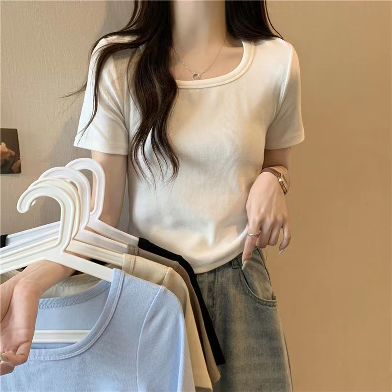 Real shot square neck short-sleeved T-shirt women's short half-sleeved top