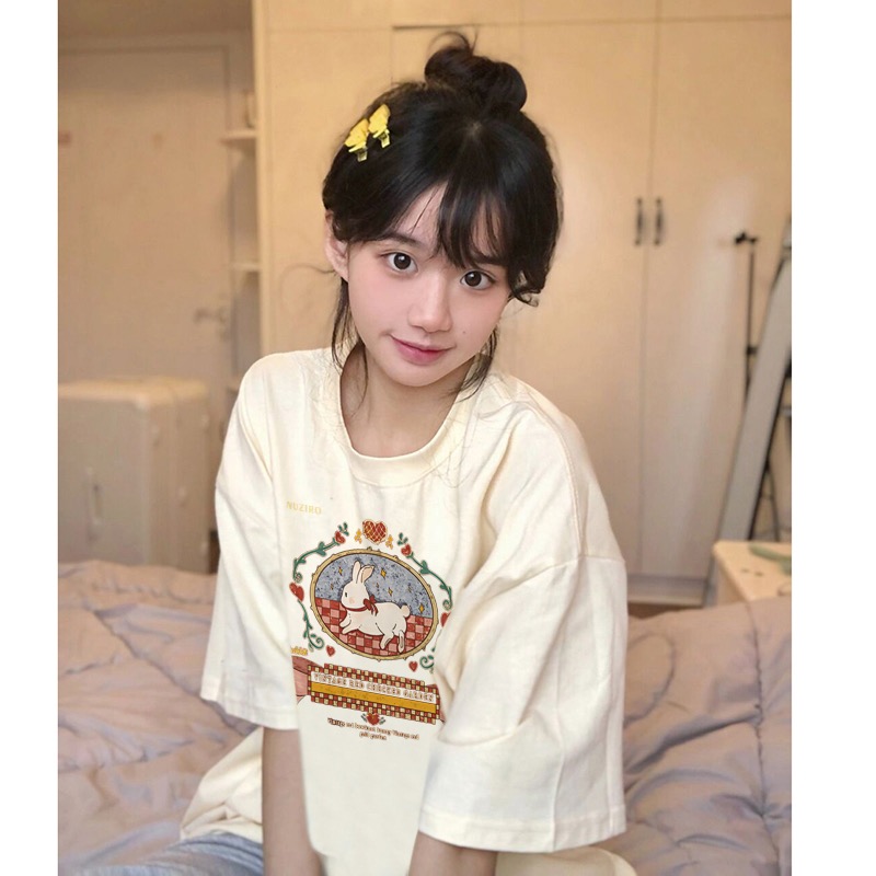 杏色夏季新款港風chic短袖T恤女純棉兔子設計感小眾美式寬鬆上衣