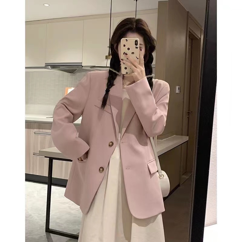 OKJJ粉色西裝外套女士2024春季新款寬鬆粉色復古墊肩西服休閒上衣