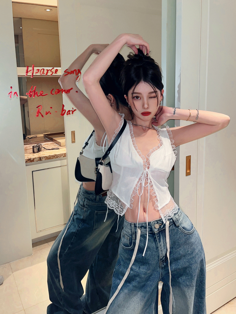 實拍 蕾絲拼接性感辣妹吊帶背心女外穿露背白色純欲上衣