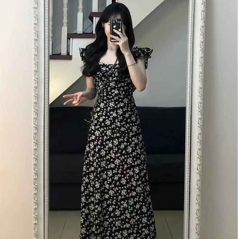 巨美氣質驚艷顯瘦碎花連衣裙夏小飛袖長裙子
