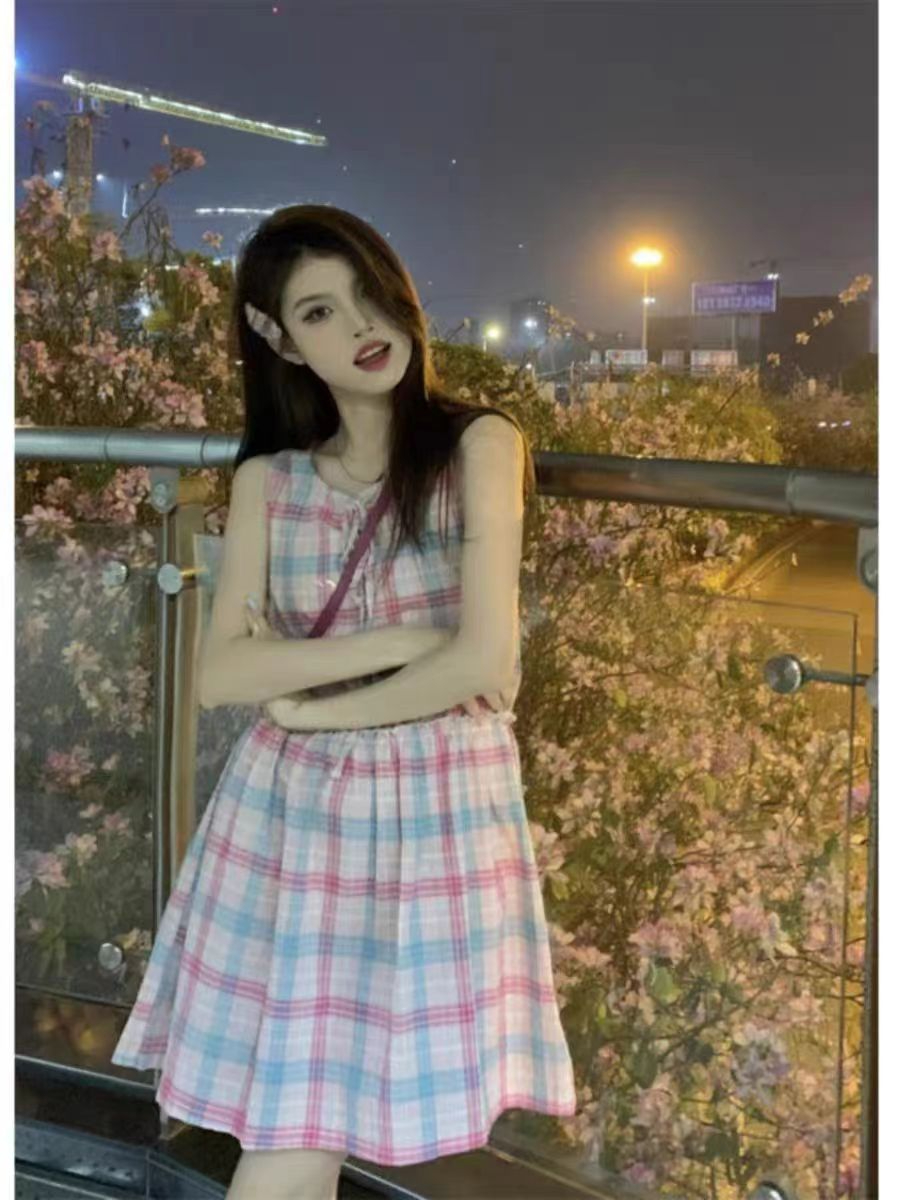 日系甜美格紋背心連衣裙女夏季溫柔綁帶短裙收腰吊帶裙