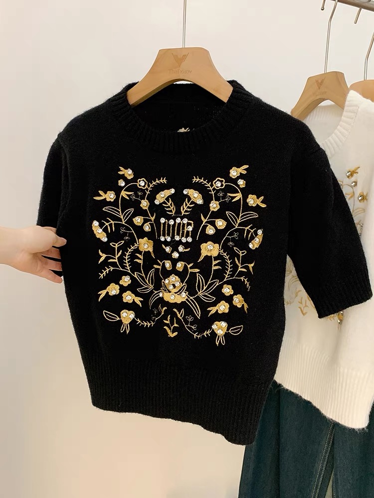 重工釘珠刺繡花短袖針織衫女2024年早春新款圓領半袖毛衣打底上衣