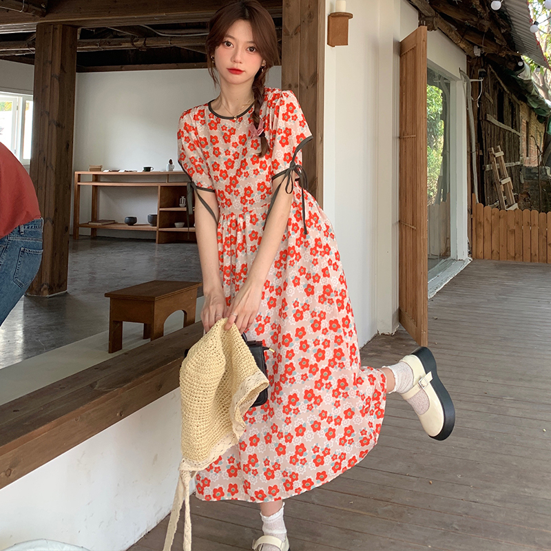 時尚連衣裙女夏短袖襯衫設計感小眾碎花拼色連衣裙